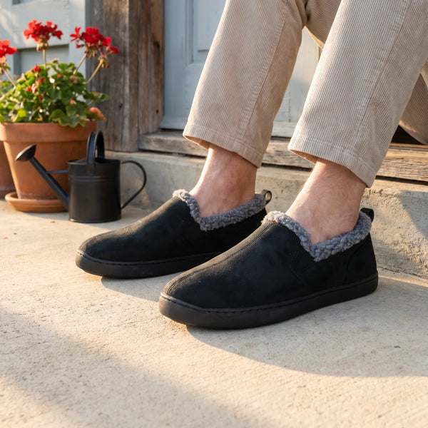 Eliu Slippers in Black, worn at home