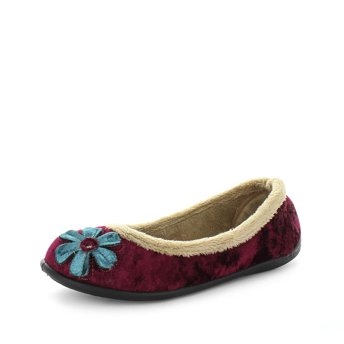 womens slippers - Soft red Elgin slipper with a flower design, by panda Slippers. A ballet flat slipper with a soft micro-terry lining that is soft to the touch and comfy. Designed with an extra comfy fit with a padded footbed.