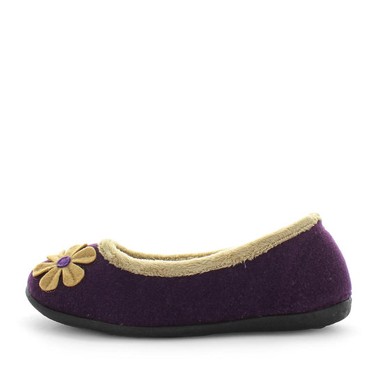 womens slippers - Soft red Elgin slipper with a flower design, by panda Slippers. A ballet flat slipper with a soft micro-terry lining that is soft to the touch and comfy. Designed with an extra comfy fit with a padded footbed.