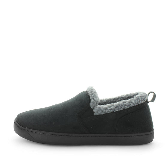 Classic mens slipper, Eliu by panda slippers. A black slip on style slipper with soft materials and comfy fit design for indoor wear. Showing a faux fur trimming and a non slip sole.x