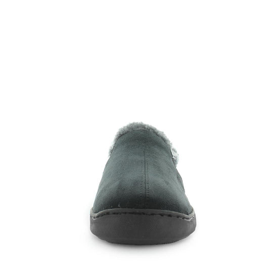 Classic mens slipper, Eliu by panda slippers. A black slip on style slipper with soft materials and comfy fit design for indoor wear. Showing a faux fur trimming and a non slip sole.