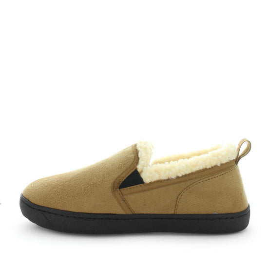 Classic mens slipper, Eliu by panda slippers. A chestnut/camel slip on style slipper with soft materials and comfy fit design for indoor wear. Showing a faux fur trimming and a non slip sole.x