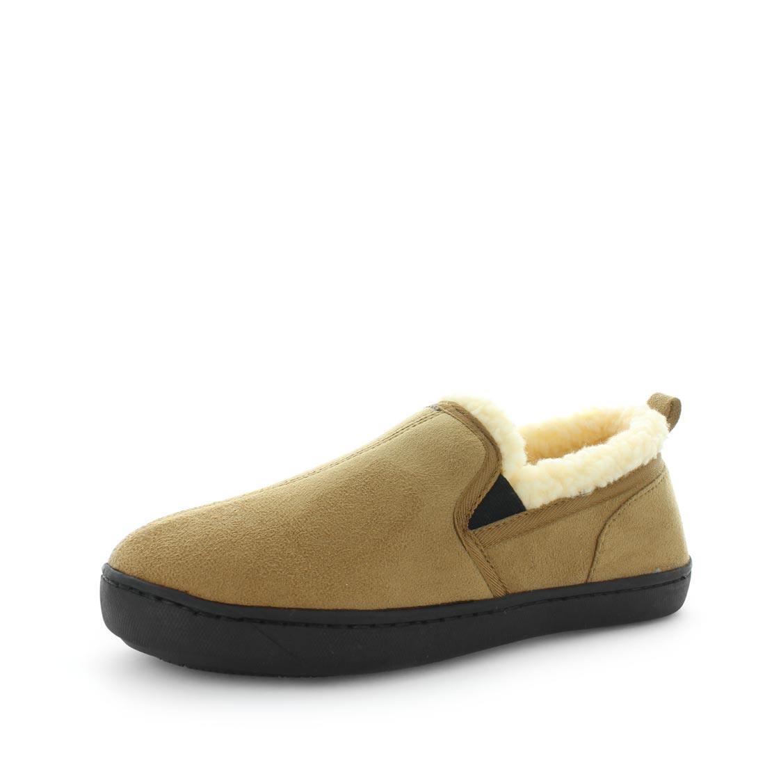 Classic mens slipper, Eliu by panda slippers. A chestnut/camel slip on style slipper with soft materials and comfy fit design for indoor wear. Showing a faux fur trimming and a non slip sole.x
