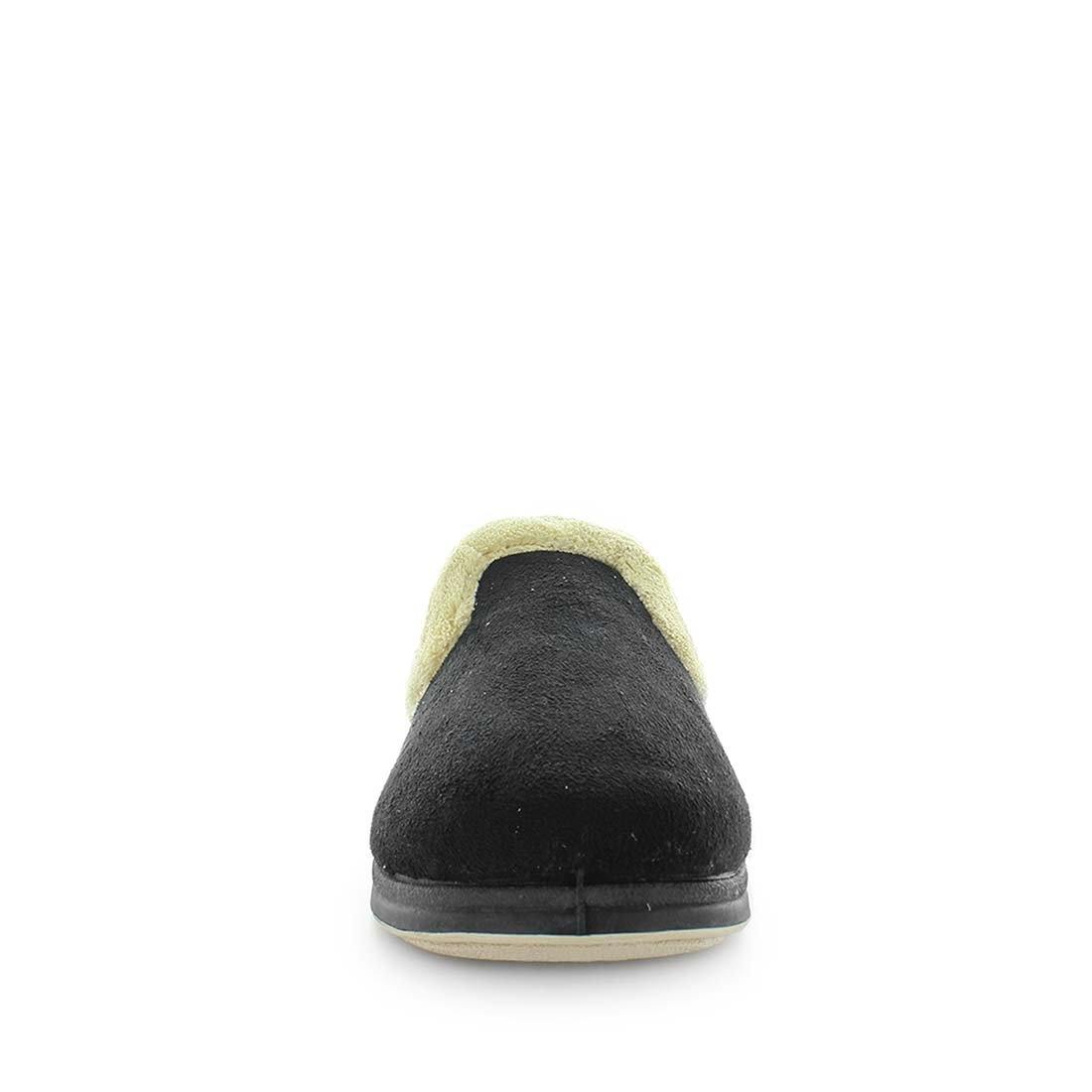 Classic womens slip on slipper, Emille by panda slippers. A slip on style slipper made with soft materials and comfy fit design for the perfect indoor slipper. showing a non slip sole and micro terry trimming - comfort slippers - womens comfort slippers