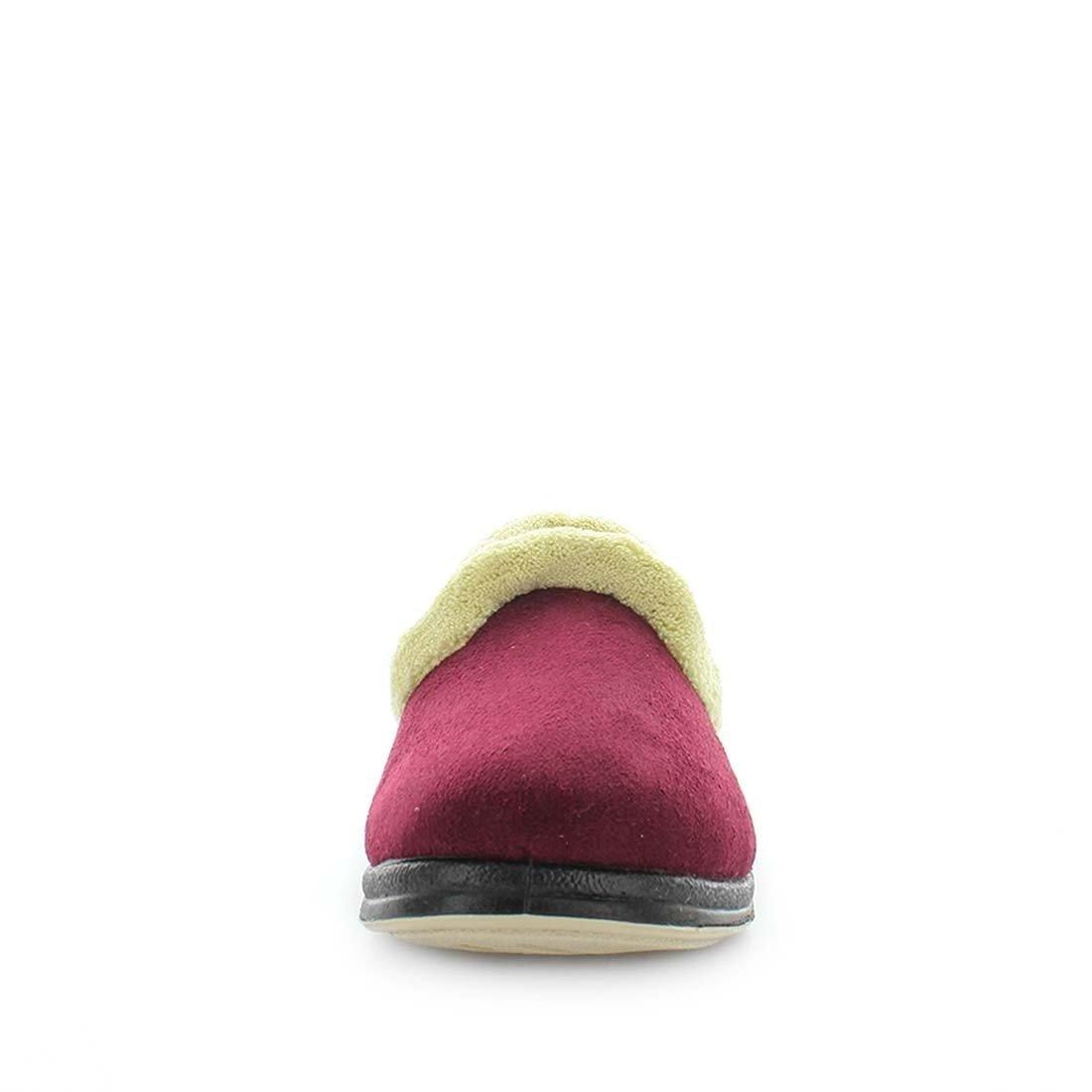 Classic womens slip on slipper, Emille by panda slippers. A burgundy slipper made with soft materials and comfy fit design for the perfect indoor slipper. showing a non slip sole and micro terry trimming,