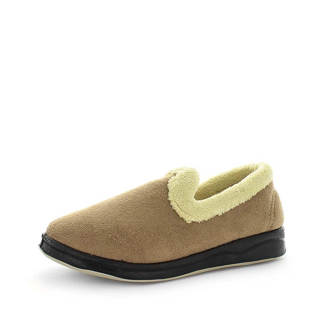 Classic womens slip on slipper, Emille by panda slippers. A camel slipper made with soft materials and comfy fit design for the perfect indoor slipper. showing a non slip sole and micro terry trimming,