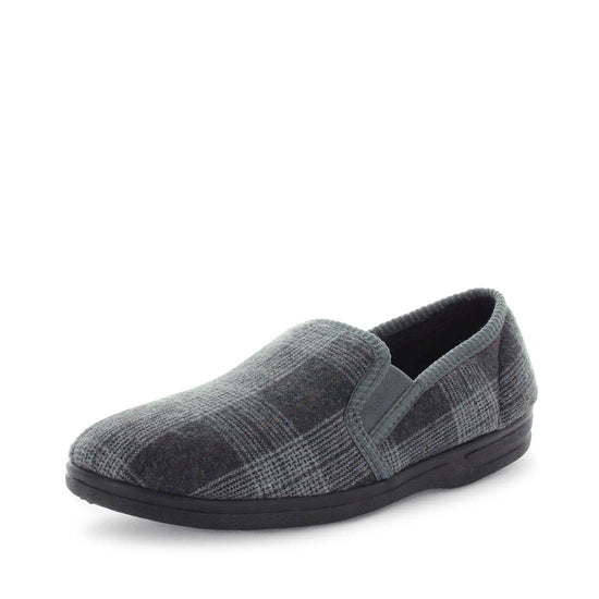 Classic mens slip on slipper, Edword by panda slippers. A grey check mens slipper made with soft materials and comfy fit design for the perfect indoor slipper.