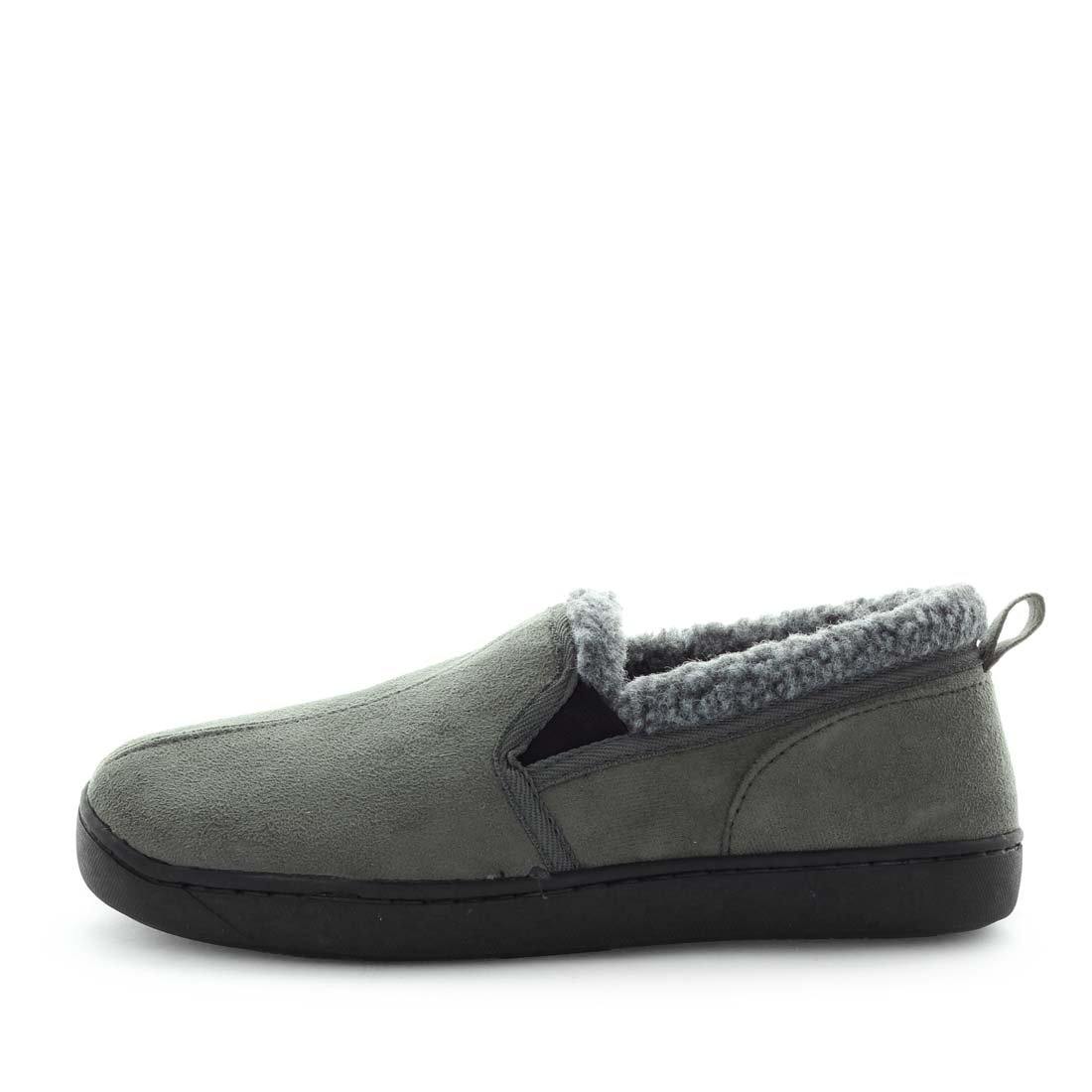 Classic mens slipper, Eliu by panda slippers. A grey/charcoal grey slip on style slipper with soft materials and comfy fit design for indoor wear. Showing a faux fur trimming and a non slip sole.x