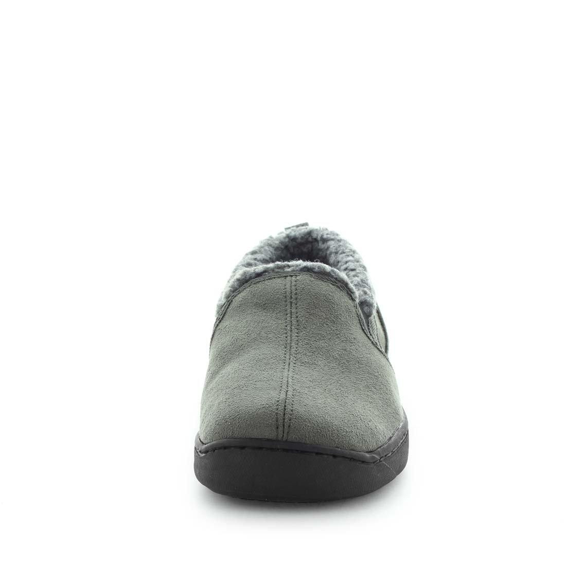 Classic mens slipper, Eliu by panda slippers. A grey/charcoal grey slip on style slipper with soft materials and comfy fit design for indoor wear. Showing a faux fur trimming and a non slip sole.x