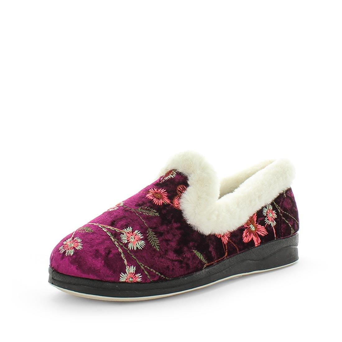 Classic womens slip on slipper, Emille by panda slippers. A slip on style slipper made with soft materials and comfy fit design for the perfect indoor slipper. showing a non slip sole and micro terry trimming - comfort slippers - womens comfort slippers