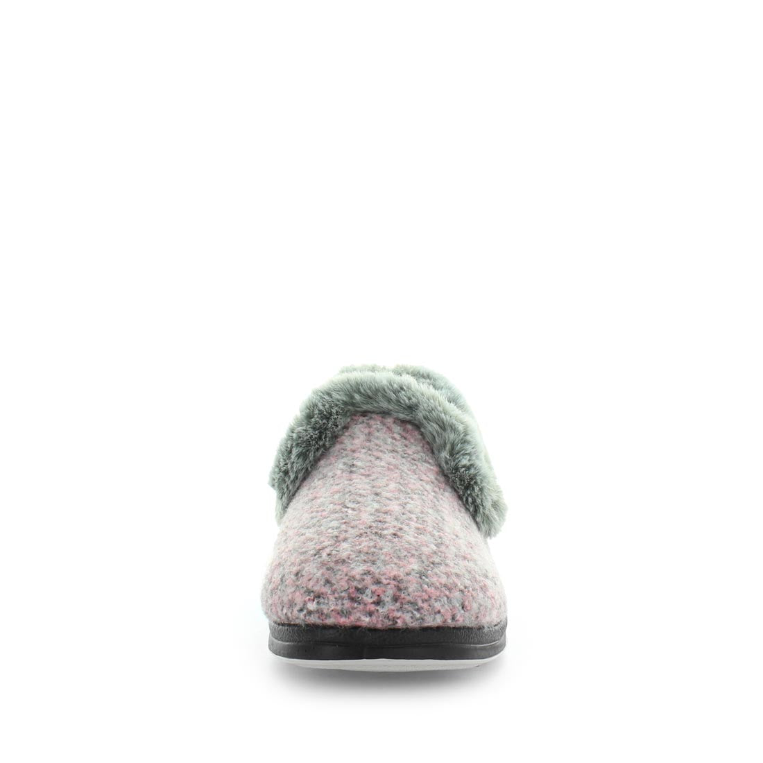 Classic womens slip on slipper, Emille by panda slippers. A pink slipper made with soft materials and comfy fit design for the perfect indoor slipper. showing a non slip sole and micro terry trimming,