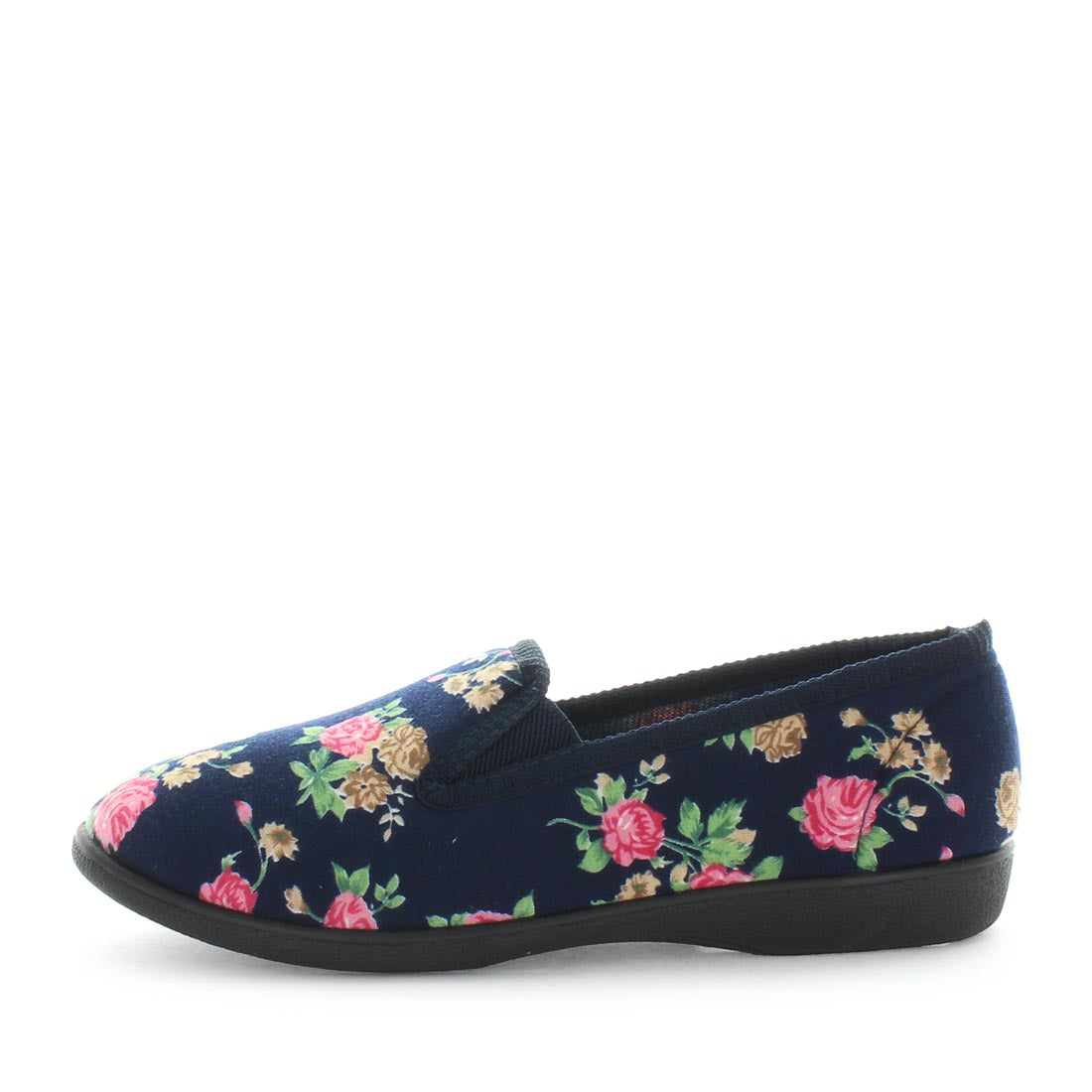 womens slippers - Navy Floral Erta slipper, by panda Slippers. A slip on style slipper with embossed velour twin gussets and a quilted satin lining and sock for a soft to the touch feel.