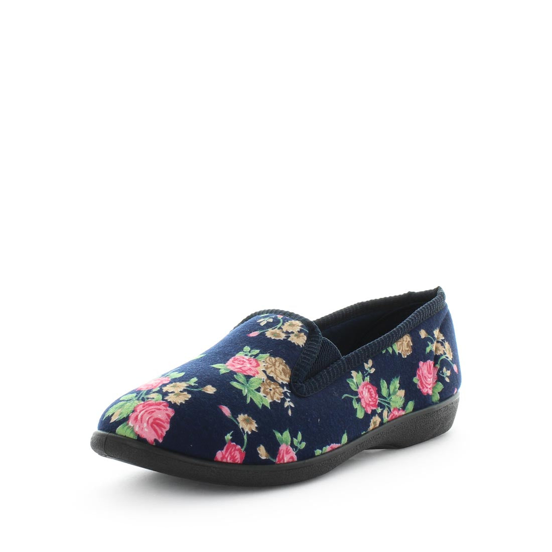 womens slippers - Navy Floral Erta slipper, by panda Slippers. A slip on style slipper with embossed velour twin gussets and a quilted satin lining and sock for a soft to the touch feel.