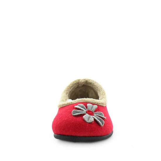 Load image into Gallery viewer, womens slippers - Soft red Elgin slipper with a flower design, by panda Slippers. A ballet flat slipper with a soft micro-terry lining that is soft to the touch and comfy. Designed with an extra comfy fit with a padded footbed.
