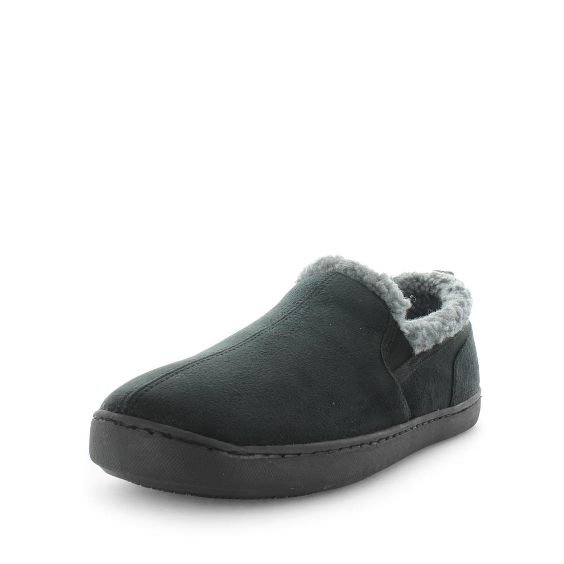 Load image into Gallery viewer, Classic mens slipper, Eliu by panda slippers. A black slip on style slipper with soft materials and comfy fit design for indoor wear. Showing a faux fur trimming and a non slip sole.x
