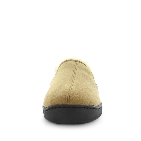 Load image into Gallery viewer, Classic mens slipper, Eliu by panda slippers. A chestnut/camel slip on style slipper with soft materials and comfy fit design for indoor wear. Showing a faux fur trimming and a non slip sole.x

