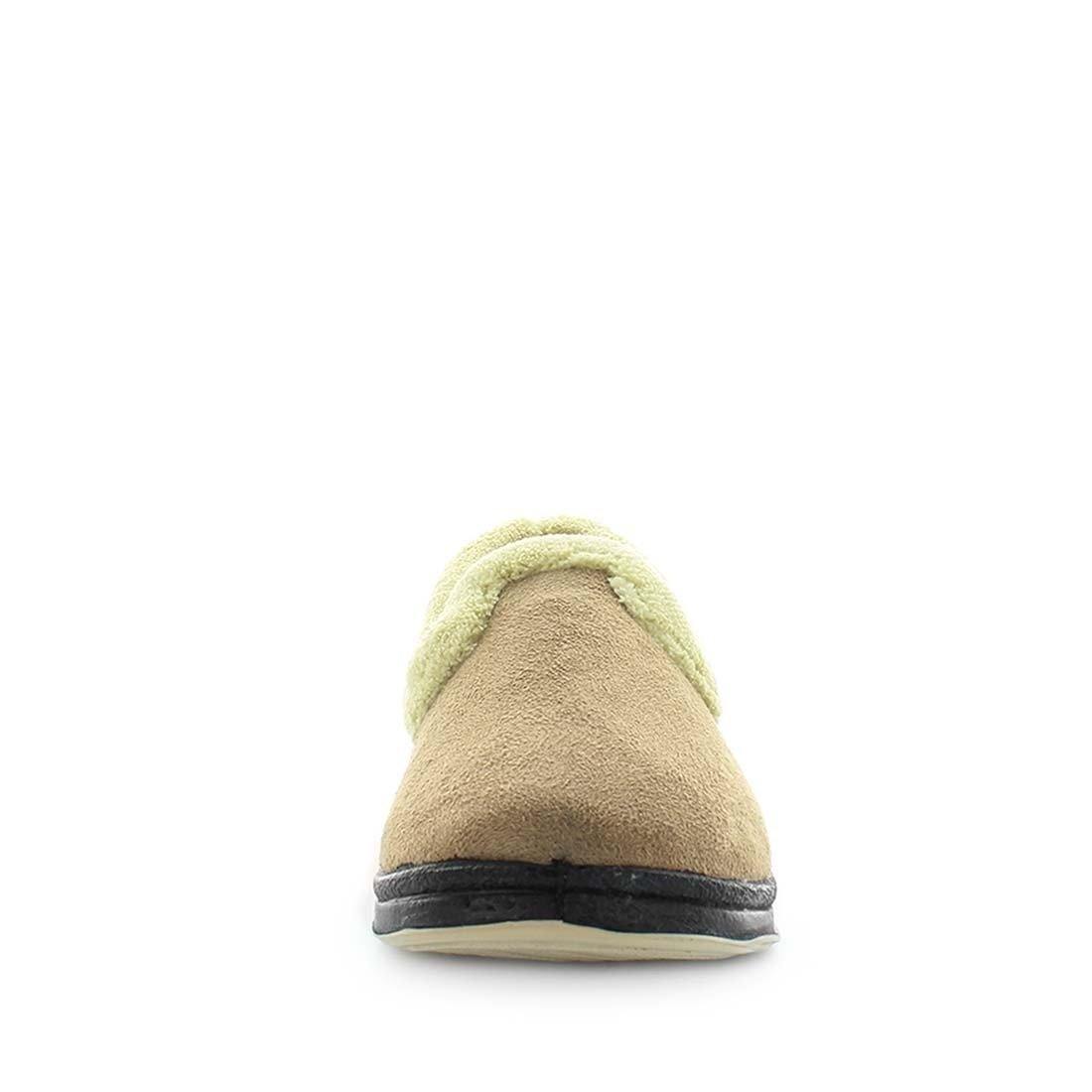 Load image into Gallery viewer, Classic womens slip on slipper, Emille by panda slippers. A camel slipper made with soft materials and comfy fit design for the perfect indoor slipper. showing a non slip sole and micro terry trimming,
