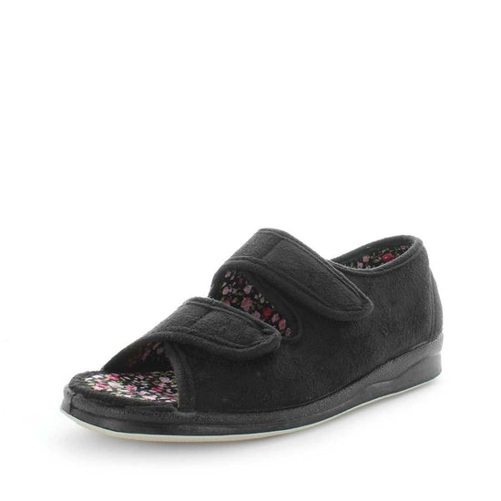 Load image into Gallery viewer, womens slippers - black entice slipper, by panda Slippers. A sandal slipper with a soft micro-fibre design, multiple velcro straps and a padded footbed for an extra comfy fit
