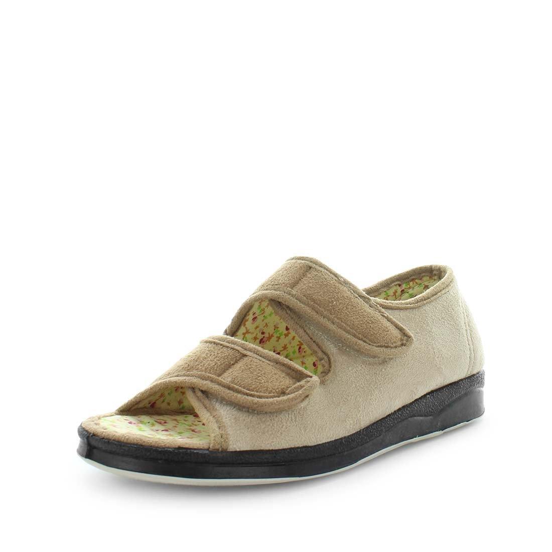 womens slippers - camel entice slipper, by panda Slippers. A sandal slipper with a soft micro-fibre design, multiple velcro straps and a padded footbed for an extra comfy fit