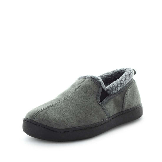 Load image into Gallery viewer, Classic mens slipper, Eliu by panda slippers. A grey/charcoal grey slip on style slipper with soft materials and comfy fit design for indoor wear. Showing a faux fur trimming and a non slip sole.x
