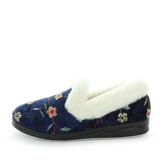 Classic womens slip on slipper, Emille by panda slippers. A navy slipper made with soft materials and comfy fit design for the perfect indoor slipper. showing a non slip sole and micro terry trimming,