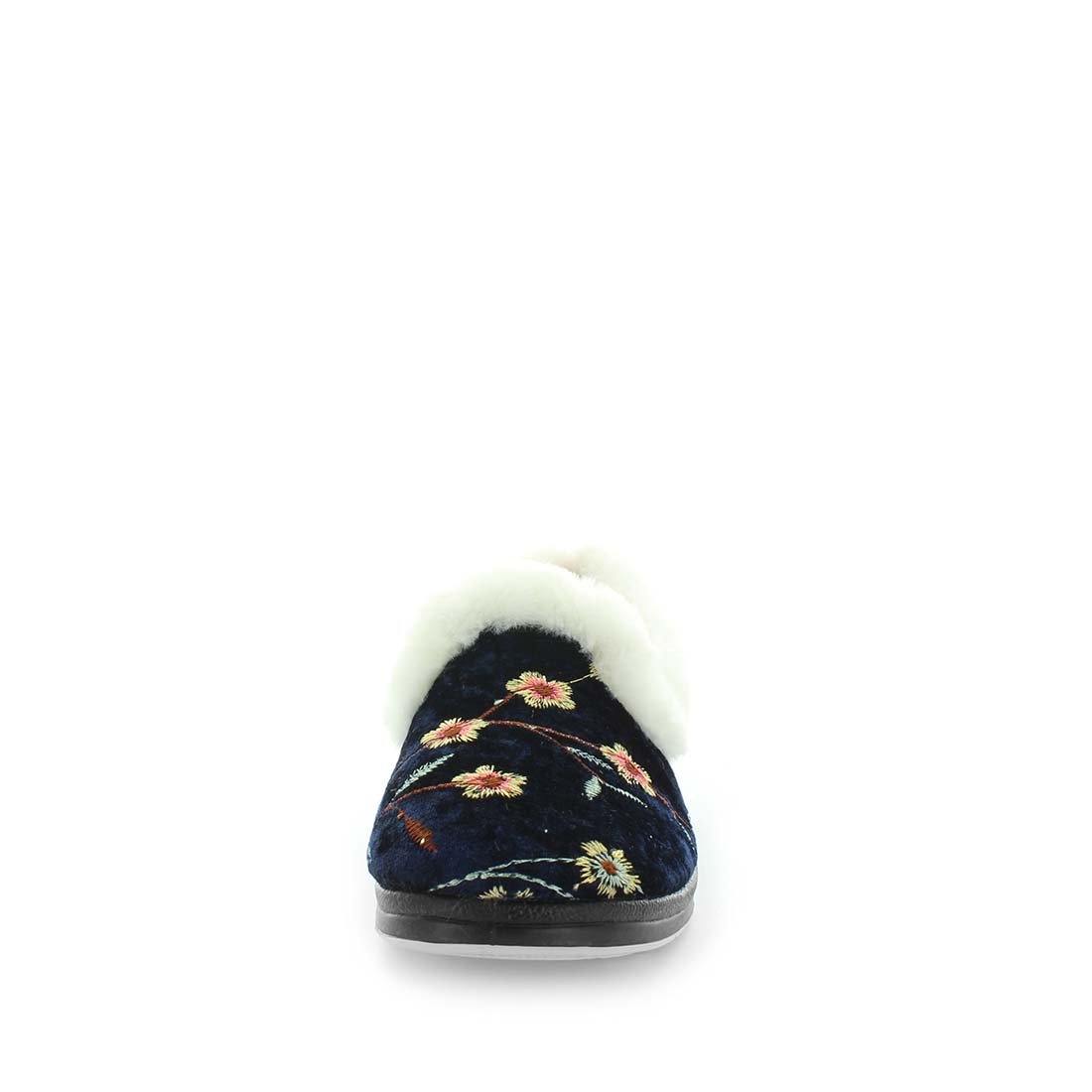 Classic womens slip on slipper, Emille by panda slippers. A navy slipper made with soft materials and comfy fit design for the perfect indoor slipper. showing a non slip sole and micro terry trimming,
