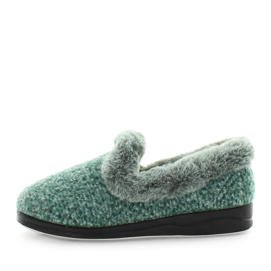 Classic womens slip on slipper, Emille by panda slippers. A green slipper made with soft materials and comfy fit design for the perfect indoor slipper. showing a non slip sole and micro terry trimming,