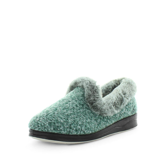 Classic womens slip on slipper, Emille by panda slippers. A green slipper made with soft materials and comfy fit design for the perfect indoor slipper. showing a non slip sole and micro terry trimming,