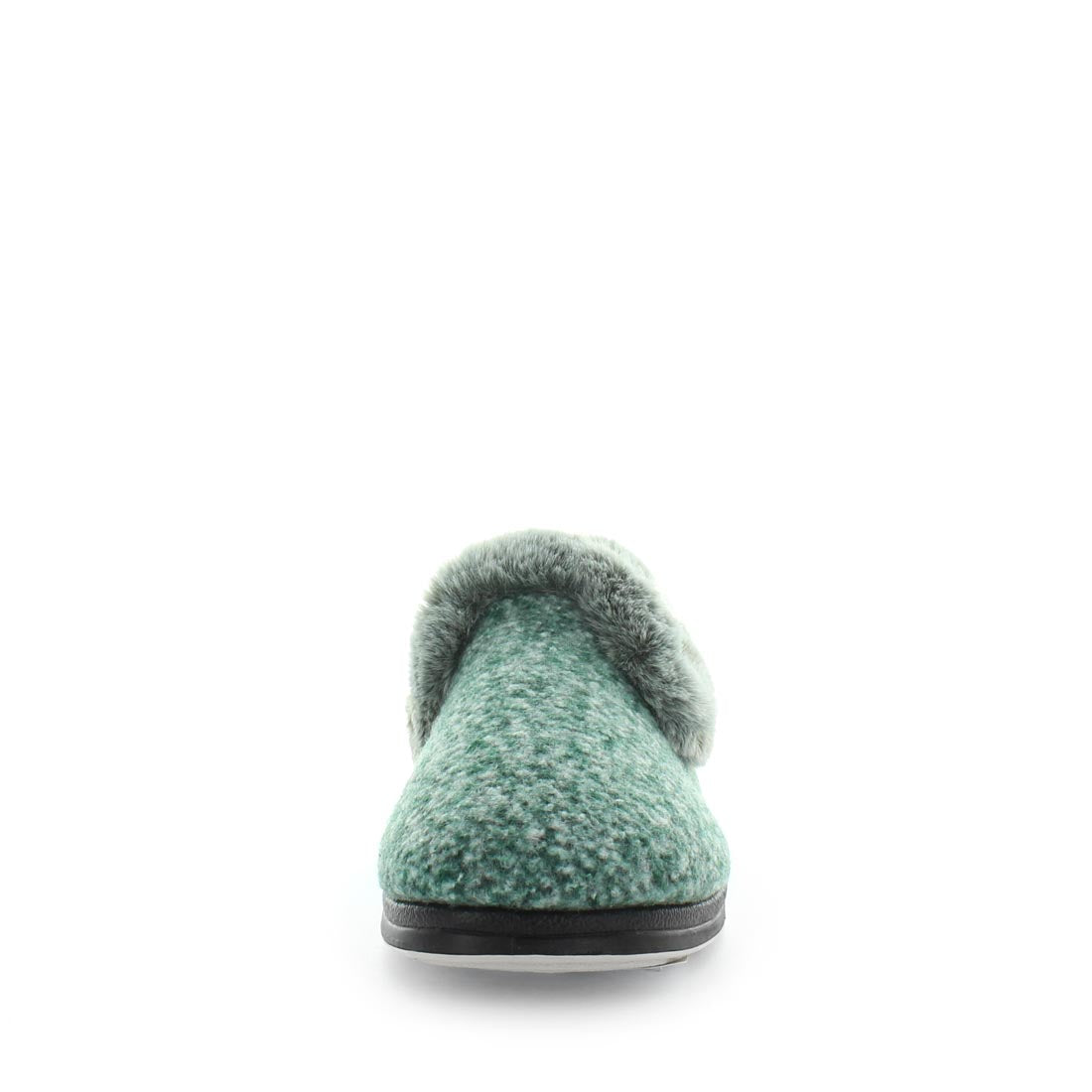 Classic womens slip on slipper, Emille by panda slippers. A green slipper made with soft materials and comfy fit design for the perfect indoor slipper. showing a non slip sole and micro terry trimming,