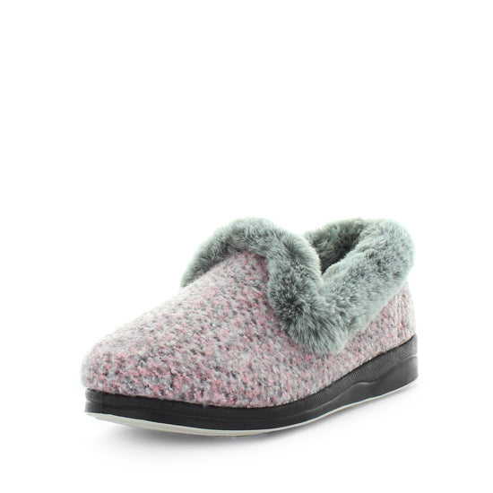 Classic womens slip on slipper, Emille by panda slippers. A pink slipper made with soft materials and comfy fit design for the perfect indoor slipper. showing a non slip sole and micro terry trimming,