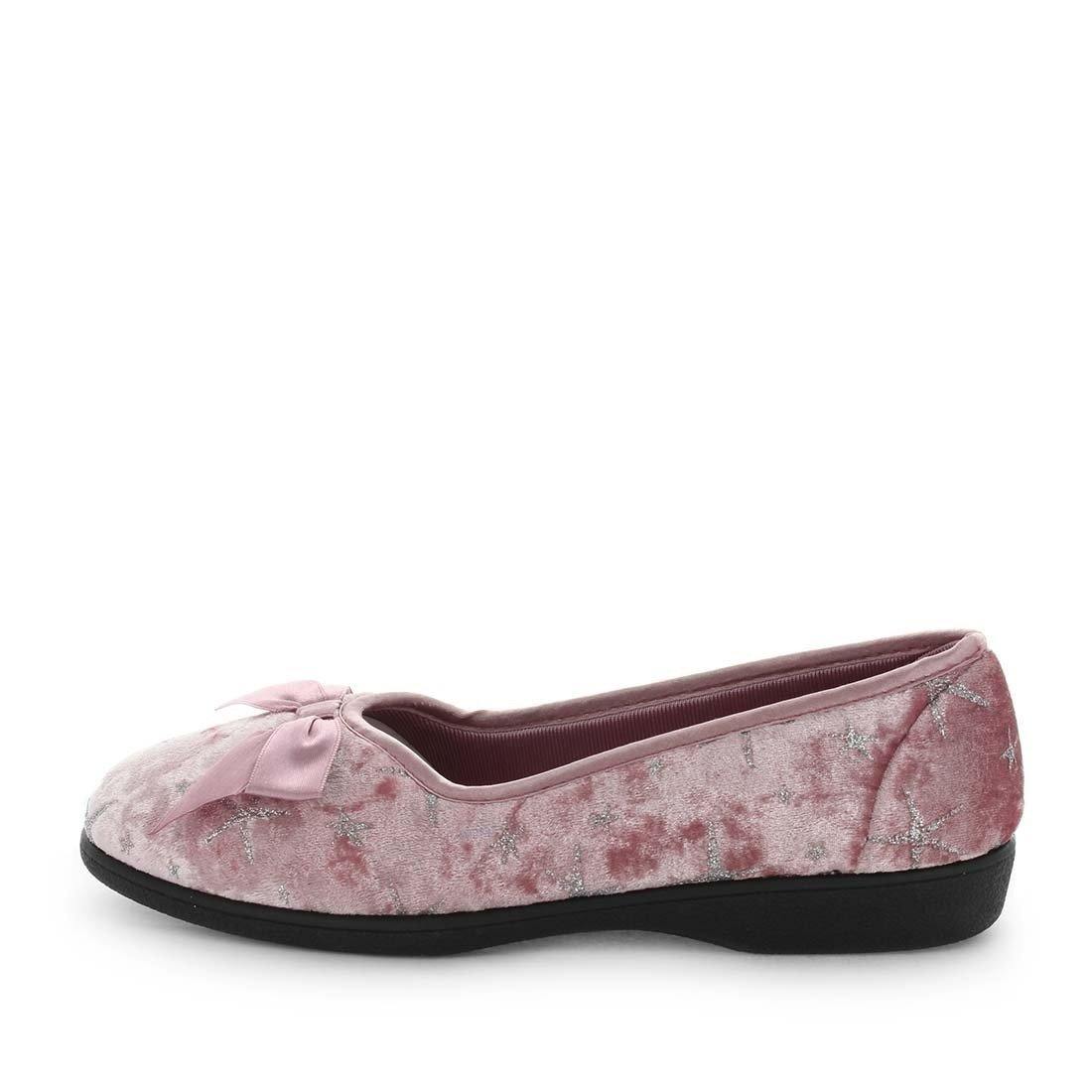 Womens slippers - emilyn by panda slippers. A pink printed velour court and bow slipper with a quilted lining and sock for a soft to touch feel.