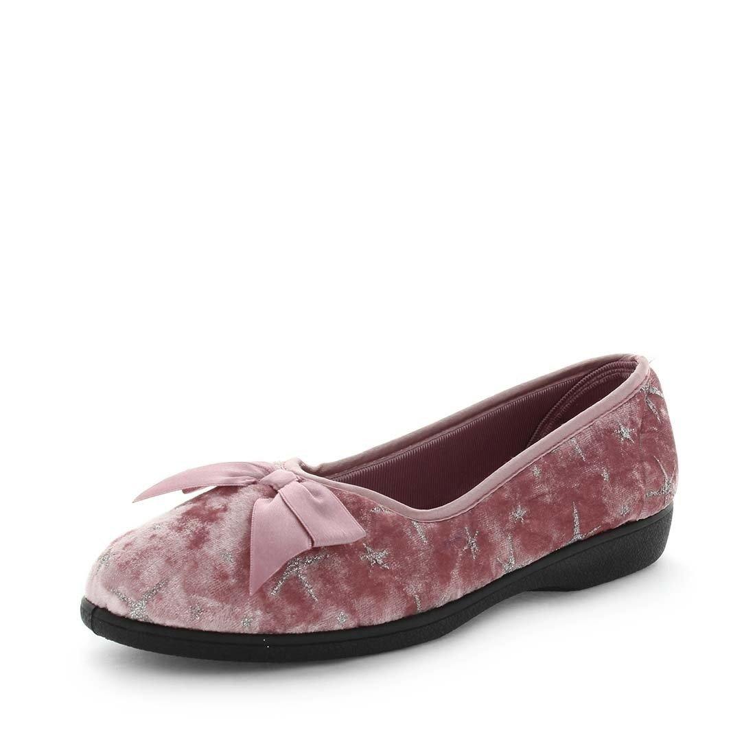 Womens slippers - emilyn by panda slippers. A pink printed velour court and bow slipper with a quilted lining and sock for a soft to touch feel.