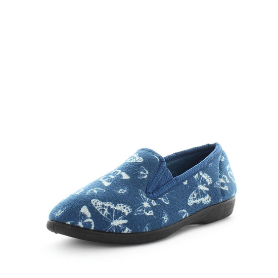 womens slippers - Navy blue print slipper, by panda Slippers. A slip on style slipper with embossed velour twin gussets and a quilted satin lining and sock for a soft to the touch feel.