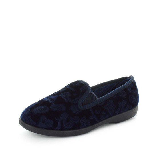 womens slippers - Navy Erta slipper, by panda Slippers. A slip on style slipper with embossed velour twin gussets and a quilted satin lining and sock for a soft to the touch feel.